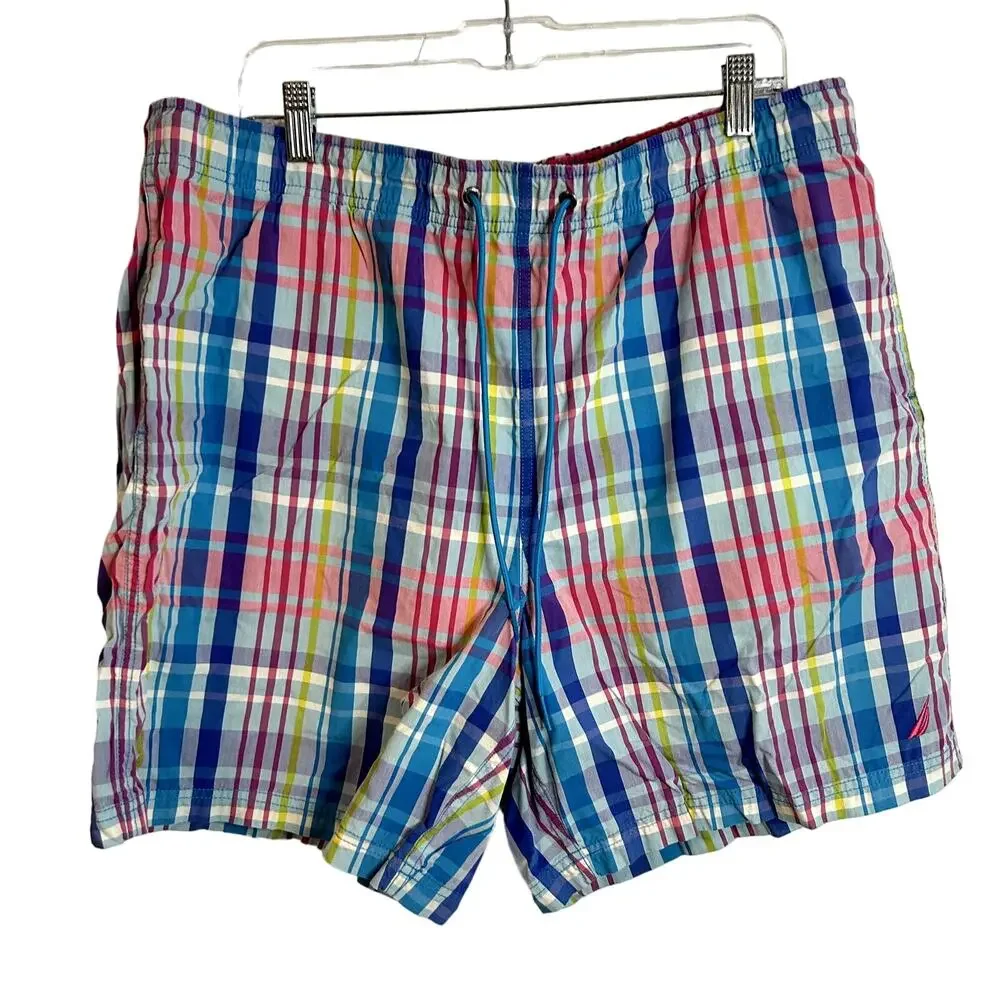 Nautical Hybrid Swim Casual Shorts Mens Size XL Plaid Blue Pink Yellow Preppy 7